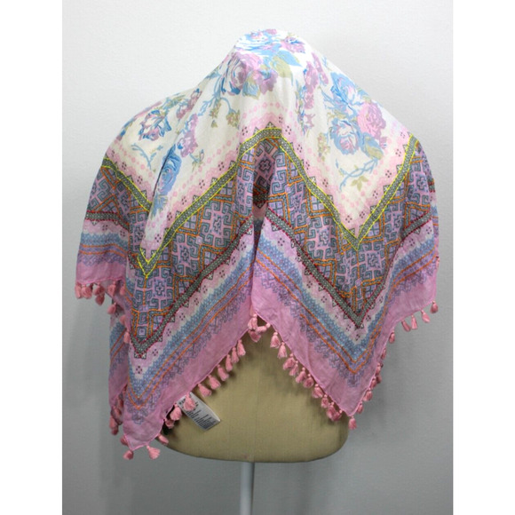 Aratta Silent Journey Scarf Floral Embroidered Tassel 40" Square - Picture 6 of 12